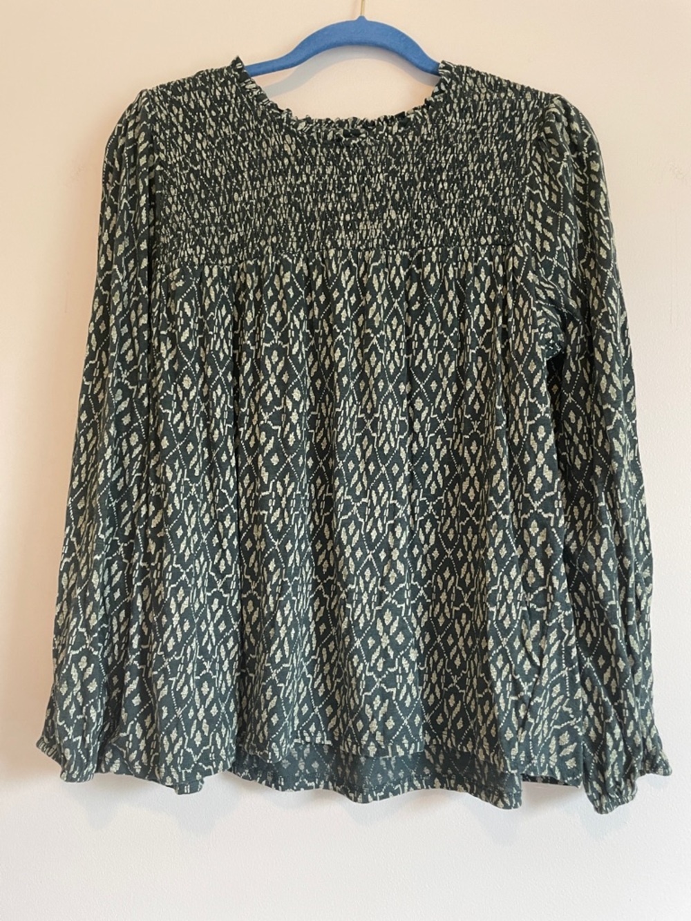 Wonderly Olive and Cream Smocked Yoke Long Sleeve Blouse - Picture 5 of 11